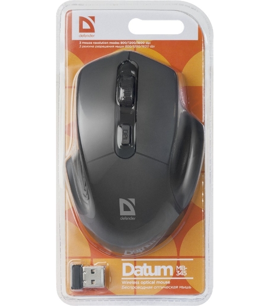 Мышь беспроводная Defender Datum MB-345 черный, 1600 dpi, радиоканал, USB, кнопки - 4