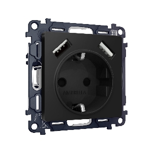 Комплект механизма электрической розетки ALFA Черный матовый 2USB A+A 18W (быстрая зарядка) с/з QUANT (AP8090, VM155) MA809010