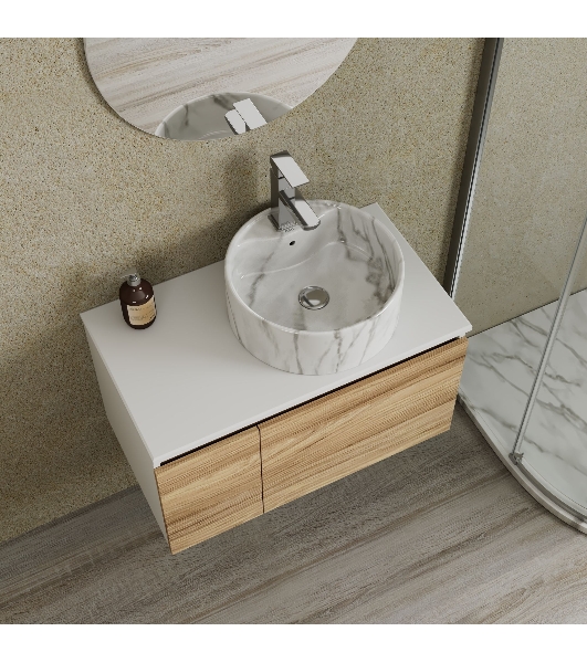 Комплект: тумба Bau Dream Blackwood 80, Раковина круглая накладная BAU Element D41, мрамор, смеситель Hotel Stil, нерж сталь, выпуск клик клак хром