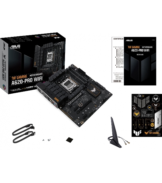 Материнская плата ASUS TUF GAMING A620-PRO WIFI, AM5, AMD A620, 4xDDR5, 4xSATA, 2xM.2, 1xPCI-E 4.0 x16, 1xPCI-E 3.0 x16, 2xPCI-E x1, 1xHDMI, 1xDP, 1x 2.5Gb LAN, 3xUSB-A 2.0, 2xUSB-A 3.2 Gen 2, 1xUSB-C 3.2 Gen 1, 5x3.5 мм, 7.1, ATX