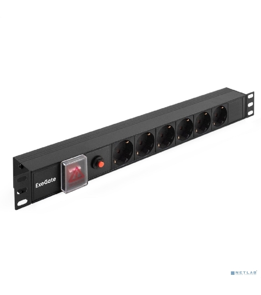 Блок розеток горизонтальный ExeGate ServerPro PDU-19H605 Al-6S-C14-SW-O, 19', 1U, Алюминий, 6 Schuko, С14, выкл. с подсветкой, защита от перегрузки, черный