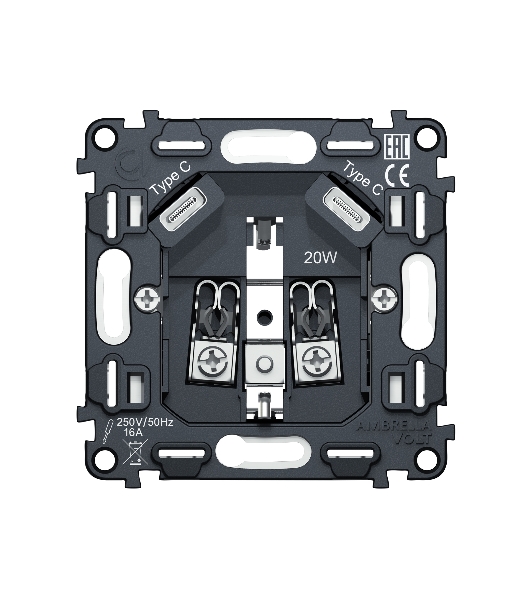 Механизм электрической розетки 2USB С+C 20W (быстрая зарядка) с/з на винтовых зажимах 16A-250V QUANT VM165