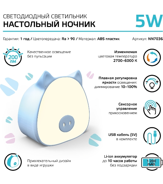 Ночник Gauss NN7036 поросенок голубой