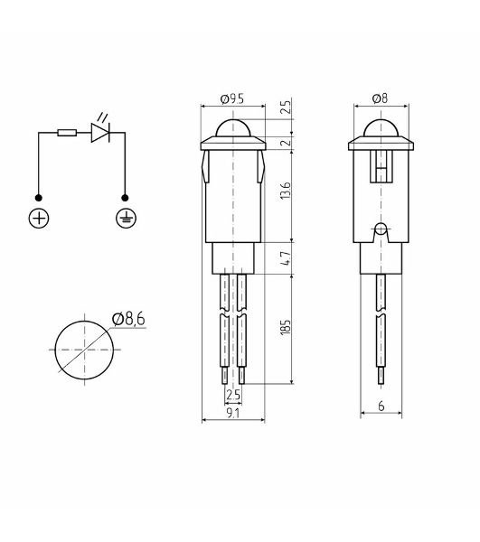 Индикатор Rexant Ø8 12В с проводом красный LED