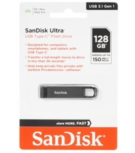 Флешка USB Sandisk CZ460 Ultra (SDCZ460-128G-G46), 128Gb, USB Type-C, R/W 150/30, черный