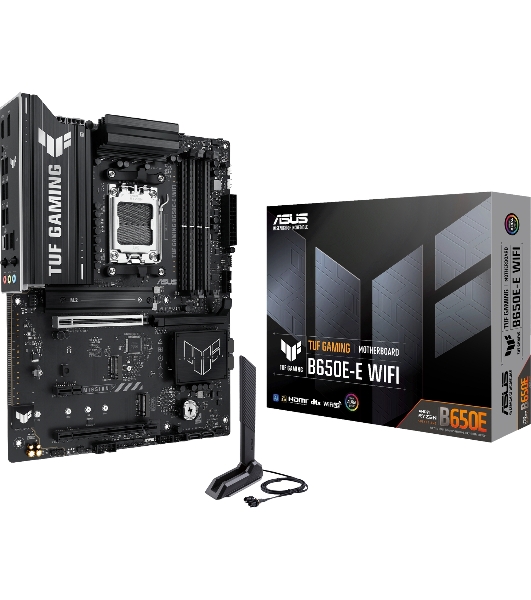 Материнская плата ASUS TUF GAMING B650-E WIFI, AM5, AMD B650, 4xDDR5, 4xSATA, 3xM.2, 1xPCIe 4.0 x16, 1xPCIe 4.0 x16, 1xPCIe x1, 1xDP, 1xHDMI, 1x2.5Gb LAN, Wi-Fi 6E, Bluetooth 5.3, 2xUSB-C (1x10Gbps, 1x20Gbps), 3xUSB-A 5Gbps, 2xUSB-A 10Gbps, 3xUSB-A 2.0, 5x3.5 мм, 7.1, ATX