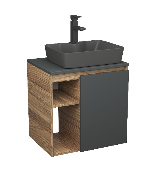 Тумба Bau Dream Blackwood 60 правая, графит, раковина BAU Cerama 48х37 темно-серая матовая, смеситель Hotel Black, черный