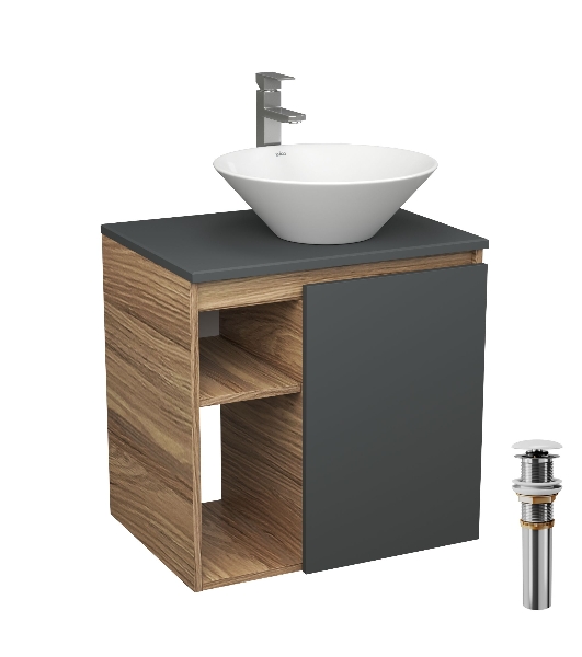 Тумба Bau Dream Blackwood 60 правая, графит, раковина BAU Dream D43, смеситель для раковины высокий Hotel Still, нержавеющая сталь, выпуск клик клак, белый