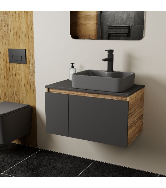 Комплект: тумба Bau Dream Blackwood графит 80, раковина BAU Cerama 48х37, темно-серая, смеситель Hotel Black, черный матовый