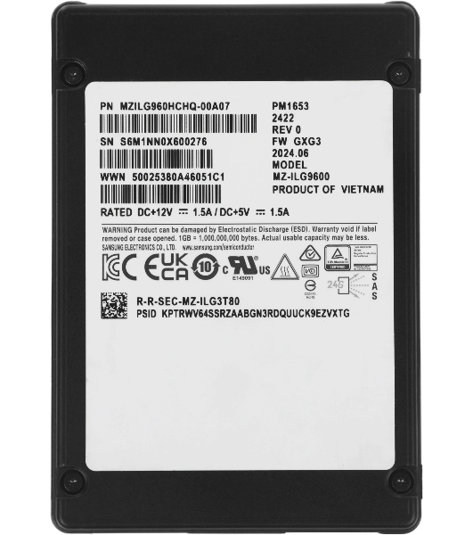 Накопитель SSD Samsung PM1653, 960Gb, SAS 4.0, 2.5', R/W 4200/1200