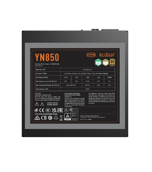 Блок питания PCCOOLER, 850W 80+ Gold (ATX, 3.1, PCIe 5.1 600W, Full modular, 1x24(20+4)pin 550мм, 2xCPU 8(4+4)pin 650мм, 3xPCIe 8(6+2)pin 500мм, 1x12V(2x6) 12+4pin 650мм, 3xSATA*3+MOLEX4pin*1 450+120+120+120мм, Active, 135x135mm, 150x150x86mm, APFC, OVP, UVP, OCP, SCP, OTP, OPP, SPD)