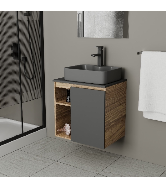 Тумба Bau Dream Blackwood 60 правая, графит, раковина BAU Cerama 48х37 темно-серая матовая, смеситель Hotel Black, черный