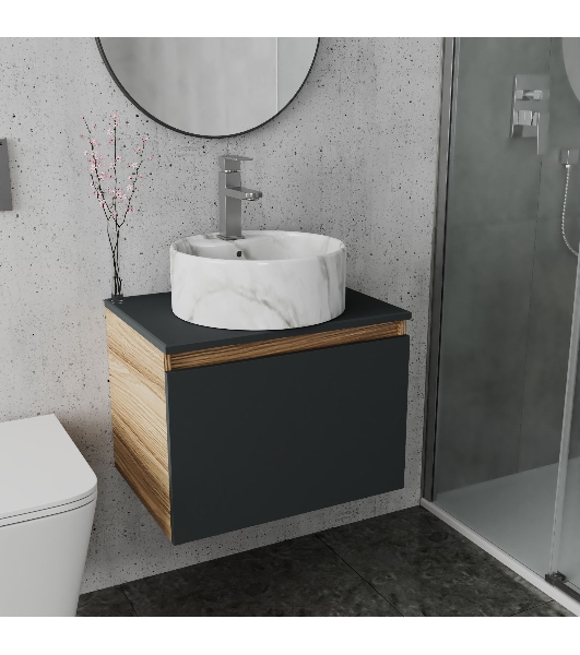 Комплект: тумба Bau Dream Blackwood графит 60, 1 ящик, раковина круглая накладная BAU Element D41, мрамор, смеситель Hotel Stil, нерж сталь
