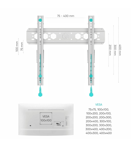 Кронштейн ONKRON TM5W/32-65'' макс 400*400 наклон +12º от стены: 35-145мм, макс вес 68,2кг, встр уровень, белый