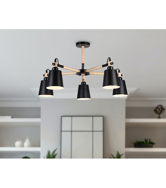 Светильник Ambrella light TR82211/5 BK/LW черный/светлое дерево E27/5 max 40W D780*430