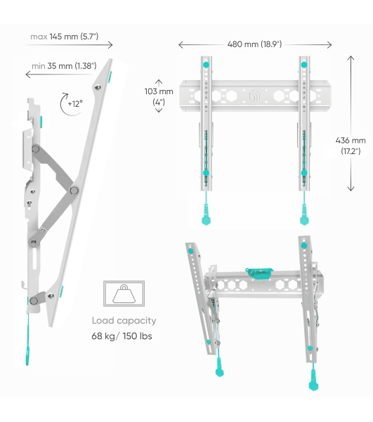 Кронштейн ONKRON TM5W/32-65'' макс 400*400 наклон +12º от стены: 35-145мм, макс вес 68,2кг, встр уровень, белый