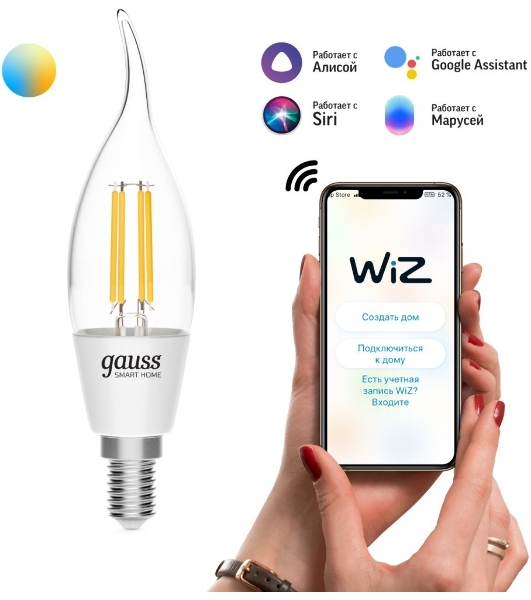 Лампа светодиодная филаментная Gauss Smart Home DIM+CCT E14 CF35 4,5 Вт 2000-6500 К 1/10/40