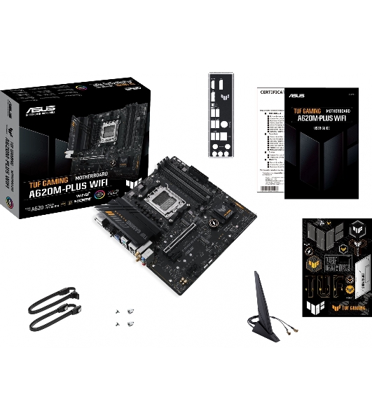 Материнская плата ASUS TUF GAMING A620M-PLUS WIFI, AM5, AMD A620, 4xDDR5, 4xSATA, 2xM.2, 1xPCIe 4.0 x16, 2xPCIe x1, 2xDP, 1xHDMI, 1x 2.5Gb LAN, 4xUSB-A 2.0, 2xUSB-A 3.2 Gen 1, 3x3.5 мм, 7.1, mATX