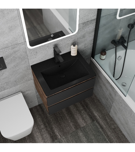 Тумба под раковину Bau Stil Loft black brushed, раковина кварцевая BAU Stil 58, черный металлик, смеситель Hotel Black, черный