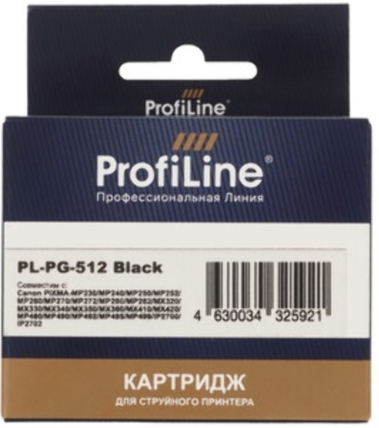 Картридж струйный ProfiLine PL-PG-512 для Canon Pixma iP2700 MP240/250/260/270/272/280/480/490/492/495/ MX320/330/340/350 Black водн