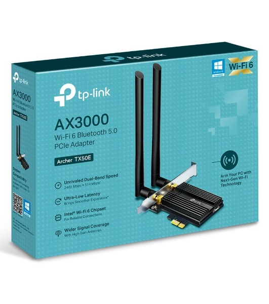 Адаптер Tp-Link ARCHER TX50E 11AX 3000Mbps dual-band PCI-E adapter, 2402Mbps at 5G and 574Mbps at 2.4G, support Bluetooth 5.0, WPA2 encryption, two external Antennas.