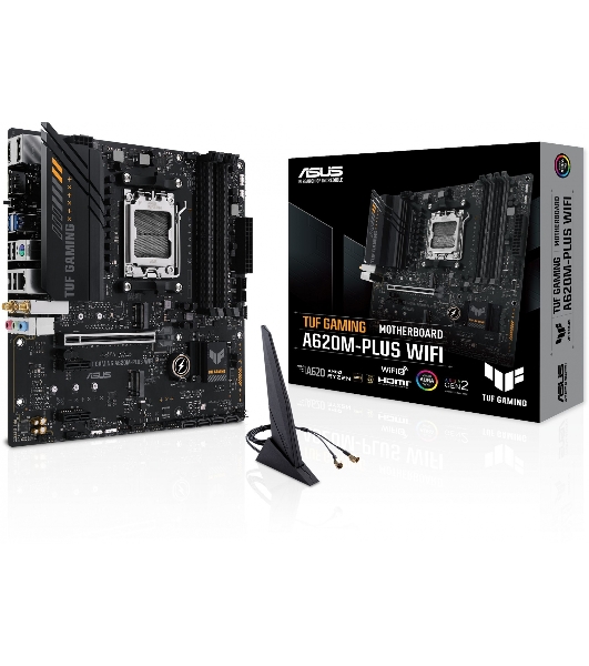 Материнская плата ASUS TUF GAMING A620M-PLUS WIFI, AM5, AMD A620, 4xDDR5, 4xSATA, 2xM.2, 1xPCIe 4.0 x16, 2xPCIe x1, 2xDP, 1xHDMI, 1x 2.5Gb LAN, 4xUSB-A 2.0, 2xUSB-A 3.2 Gen 1, 3x3.5 мм, 7.1, mATX