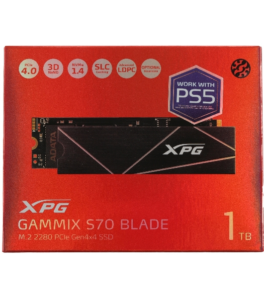 Накопитель SSD ADATA XPG BLADE S70, 1Tb, PCIe 4.0 x4, M.2 2280, NVMe, R/W 7400/5500, с радиатором