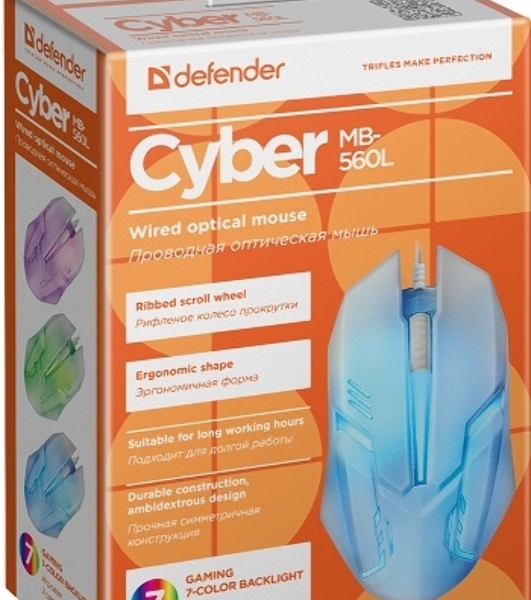 Мышь проводная Defender Cyber MB-560L белый, 1200 dpi, USB, кнопки - 3