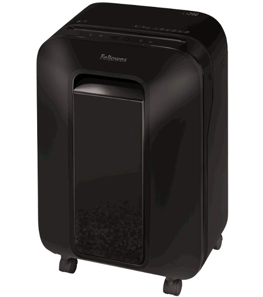 Шредер Fellowes PowerShred LX200 черный (секр.P-4)/перекрестный/12лист./22лтр./скрепки/скобы/пл.карты