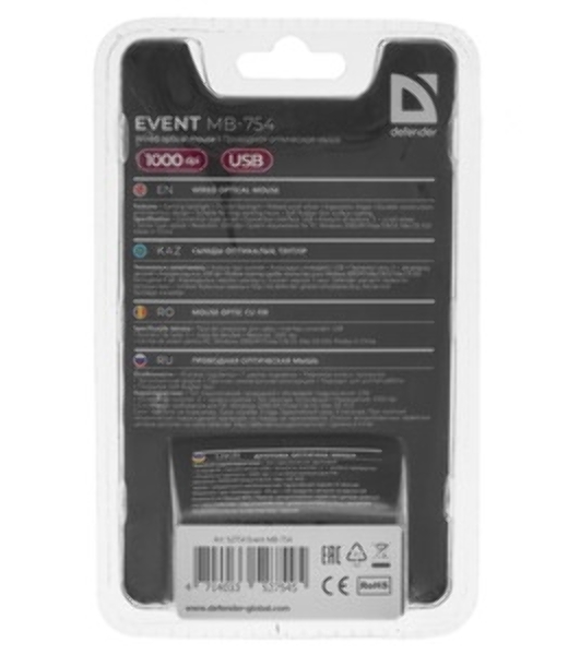 Мышь проводная Defender Event MB-754 черный, 1000 dpi, USB, кнопки - 3