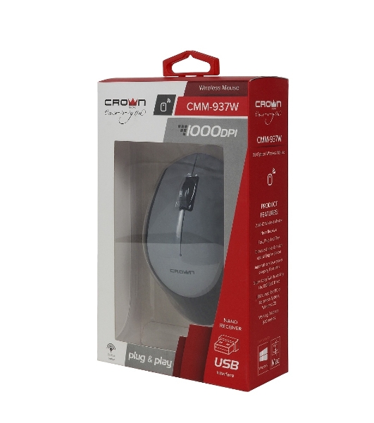 Мышь беспроводная CROWN CMM-937W чёрный/серый, 1000 dpi, USB Type-A, радиоканал, кнопки - 3