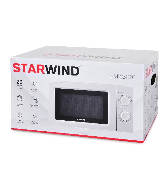 Микроволновая печь Starwind SMW3020 белый, 20 л, 700 Вт, переключатели - поворотный механизм