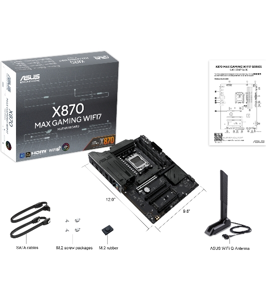 Материнская плата ASUS X870 MAX GAMING WIFI7, AM5, AMD X870, 4xDDR5, 4xSATA, 3xM.2, 1xPCIe 5.0 x16, 2xPCIe 4.0 x16, 1xPCIe x1, 1xHDMI, 2xUSB-C 40Gbps (USB4), 1xUSB-A 10Gbps, 3xUSB-A 5Gbps, 4xUSB-A 2.0, 1x2.5Gb LAN, Wi-Fi 7, Bluetooth 5.4, 3x3.5 мм, 7.1, ATX