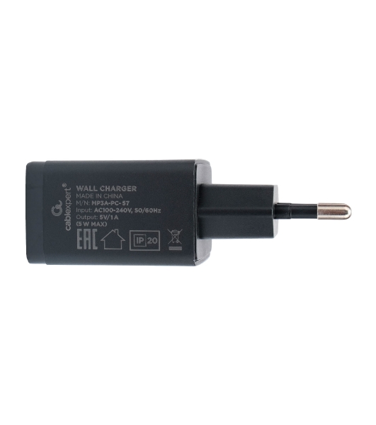 Сетевое зарядное устройство Cablexpert MP3A-PC-57, 5Вт, 1А, 1хUSB, черный, пакет