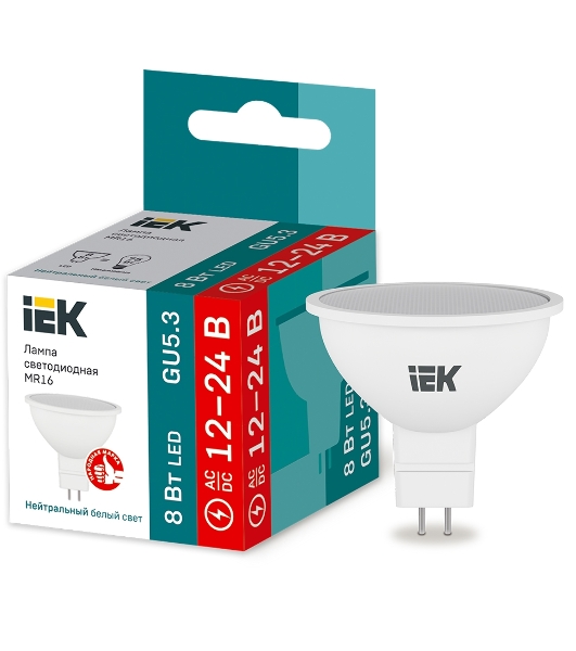 Лампа светодиодная IEK LLE-MR16-08-12-24-40-GU5 MR16 софит 8Вт 12-24В 4000К GU5.3 (низковольтная)