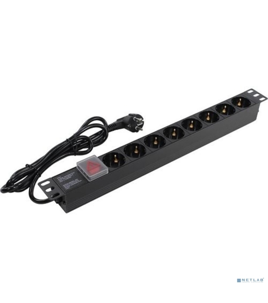 Блок розеток горизонтальный ExeGate ServerPro PDU-19H802 Al-8S-EU1.8-SW, 19', 1U, Алюминий, 8 Schuko, кабель с евровилкой VDE-250V-16A-3*1.5мм2, 1.8 метра, выкл. с подсветкой, черный