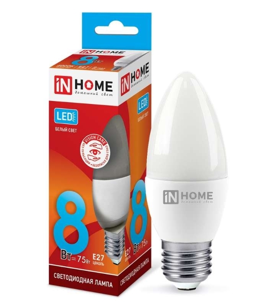 Лампа светодиодная LED-СВЕЧА-VC 8Вт 230В E27 4000К 720лм IN HOME 4690612020457