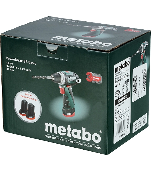 Дрель-шуруповерт Metabo PowerMaxx BS, 12 В, 2 Ач, 34 Нм, щеточный