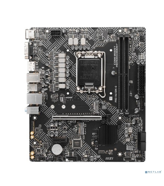 Материнская плата MSI PRO H610M-G, LGA 1700, Intel H610, 2xDDR5, 4xSATA, 1xM.2, 1xPCIe 4.0 x16, 1xPCIe 3.0 x1, 1xHDMI, 1xDP, 1xVGA, 1xRJ45 1Gb, 2xUSB-A 3.2 Gen 1, 4xUSB-A 2.0, 3x3.5мм, 7.1, mATX