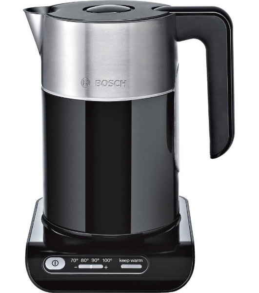 Электрочайник Bosch TWK8613P черный, 1.5 л, 2400 Вт, скрытый нагревательный элемент, поддержание температуры
