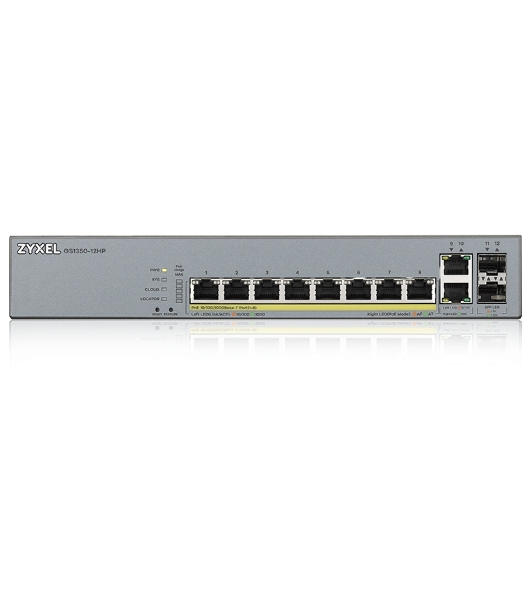 Коммутатор Zyxel GS1350-12HP, 10xGE (8xPoE+), 2xSFP, бюджет PoE 130 Вт, дальность передачи питания до 250 м, автоперезагрузка PoE-портов, повышенная защита от перенапряжений и электростатических разрядов