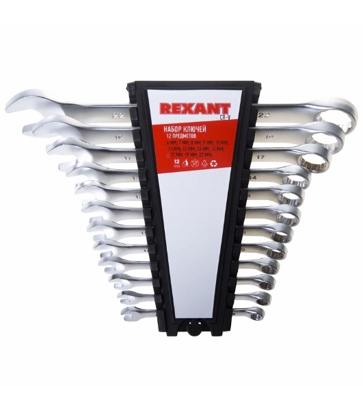 Набор ключей комбинированных Rexant (6-14, 17, 19, 22 мм), 12 шт., CrV, зеркальное хромирование