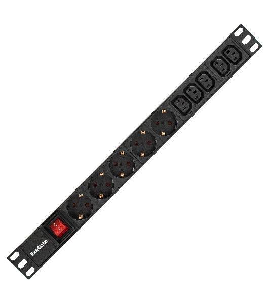 Блок розеток горизонтальный ExeGate ServerPro PDU-19H009 Al-5C135S-EU2.5-SW, 19', 1U, Алюминий, 5 IEC 320 C13, 5 Schuko, кабель с евровилкой VDE-250V-16A-3*1.5мм2, 2.5 метра, выкл. с подсветкой, черный