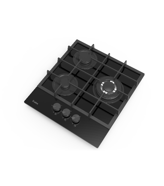 Газовая варочная панель Evelux HEG 425 BG Hi-Tech, 45 см, 3 конфорки, WOK-конфорка, чугунные решетки, газ-контроль, электроподжиг, механическое управление, черный
