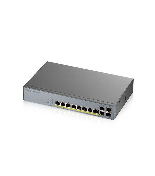 Коммутатор Zyxel GS1350-12HP, 10xGE (8xPoE+), 2xSFP, бюджет PoE 130 Вт, дальность передачи питания до 250 м, автоперезагрузка PoE-портов, повышенная защита от перенапряжений и электростатических разрядов