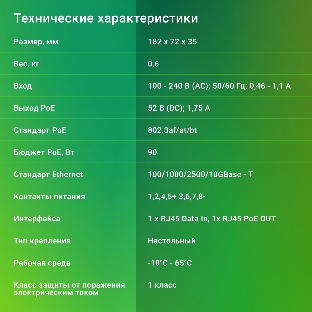 Инжектор PoE Digma DNP90W52GWXM 100/1000/2500/10GbASE-T 90Вт 100-240В(АС)