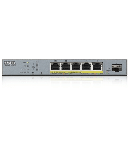 Коммутатор Zyxel GS1350-6HP, 4xGE PoE+, 1xGE PoE++ (802.3bt), 1xSFP, бюджет PoE 60 Вт, дальность передачи питания до 250 м, автоперезагрузка PoE-портов, повышенная защита от перенапряжений и электростатических р