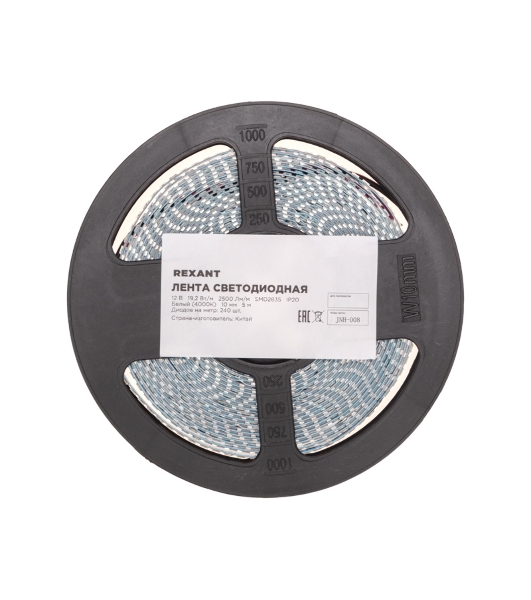 Лента светодиодная Rexant 12В, SMD2835, 19,2Вт/м, 240 LED/м, 4000K, 10мм, 5м,IP20