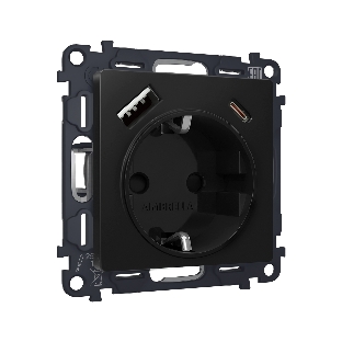 Комплект механизма электрической розетки ALFA Черный матовый 2USB A+C 20W (быстрая зарядка) с/з QUANT (AP8100, VM160) MA810010