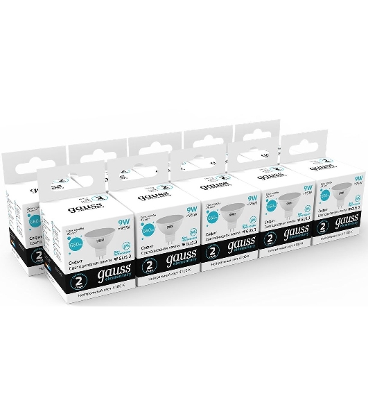 Лампа светодиодная Gauss Elementary MR16 9Вт цок.: GU5.3 спот 220B 4100K св. свеч. белый нейт. MR16 (упак.: 10 шт)